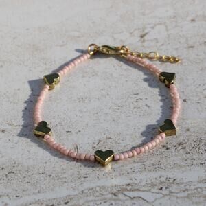 Pale Pink Beaded Bracelet with Gold Heart Charms